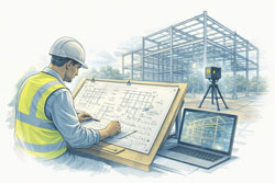 Structural engineer performing calculations on structural drawings while a LiDAR scanner captures a steel frame for structural drafting