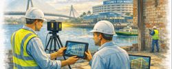 Engineer and client reviewing 3D laser scan data inside an Inner West Sydney heritage building with ANZAC Bridge and Sydney Fish Market in the background.