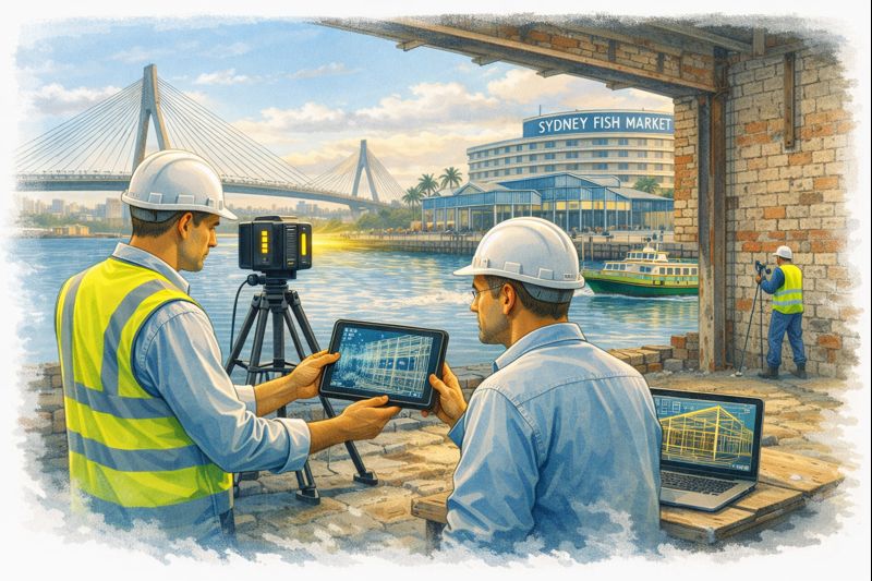 Engineering-led 3D scanning of an existing Inner West Sydney industrial building prior to refurbishment and structural assessment.