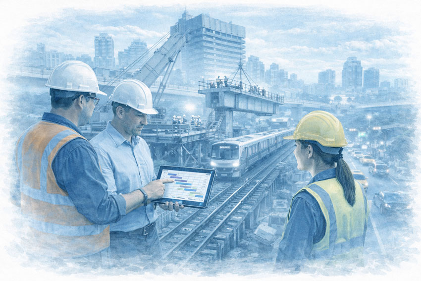 Infrastructure project managers assessing schedules during crane operations near live rail, representing safety governance and programme control in complex urban construction.
