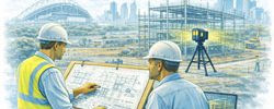 Mechanical engineer and client reviewing construction drawings beside a LiDAR scanner at a Western Sydney construction site with Sydney Olympic Park and Parramatta skyline in the background