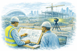 Mechanical engineer and client reviewing construction drawings beside a LiDAR scanner at a Western Sydney construction site with Sydney Olympic Park and Parramatta skyline in the background