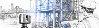 Architectural sketch of 3D LiDAR scanning for structural drafting in Brisbane, showing a laser scanner capturing steelwork, stairs and pipework with an engineer reviewing point cloud data.