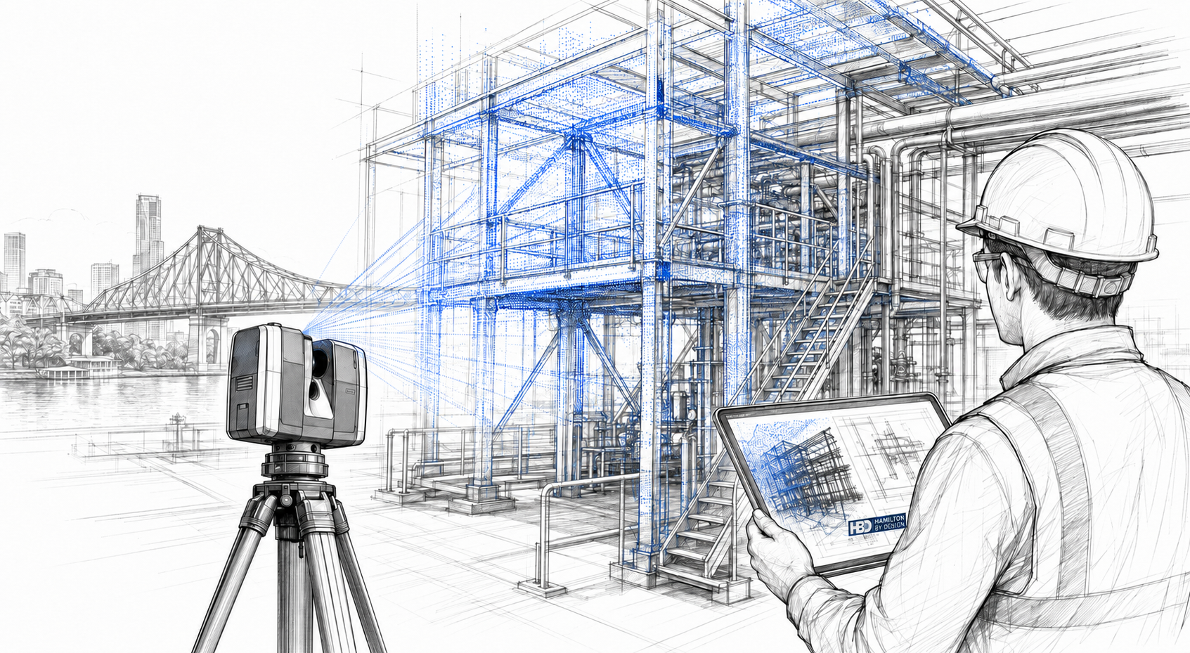 Architectural sketch of 3D LiDAR scanning for structural drafting in Brisbane, showing a laser scanner capturing steelwork, stairs and pipework with an engineer reviewing point cloud data.