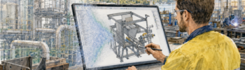 Watercolour illustration of a Hamilton By Design engineer reviewing a SolidWorks-style 3D CAD model in a Brisbane industrial workshop, with LiDAR point cloud data, fabrication drawings, steelwork and the Brisbane skyline in the background.