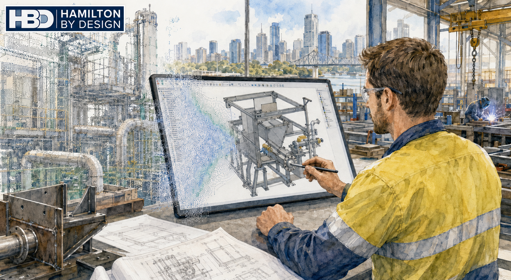 Watercolour illustration of a Hamilton By Design engineer reviewing a SolidWorks-style 3D CAD model in a Brisbane industrial workshop, with LiDAR point cloud data, fabrication drawings, steelwork and the Brisbane skyline in the background.