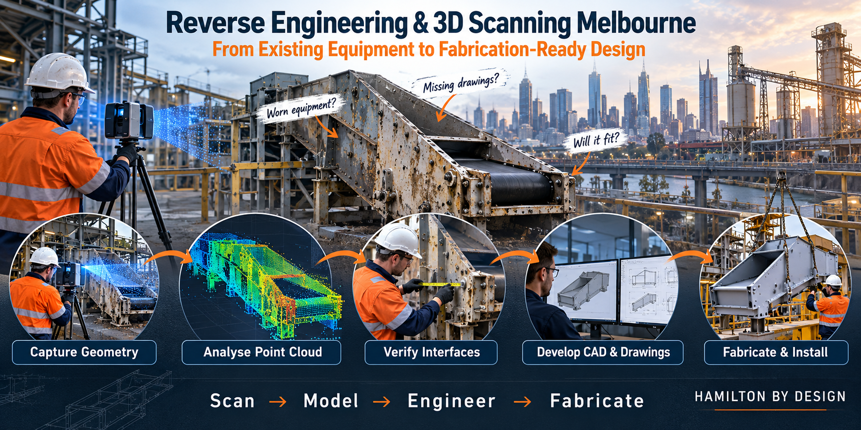 Illustration of industrial equipment reverse engineering in Melbourne, showing 3D scanning, point cloud analysis, interface checks, CAD drawings and replacement fabrication.