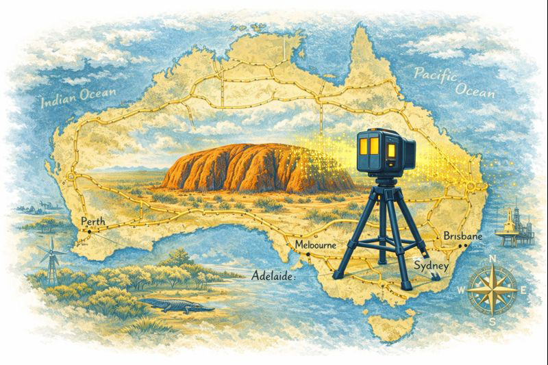 Mobile 3D scanning services illustration showing a LiDAR scanner capturing Uluru on a map of Australia with major highways connecting regional towns.
