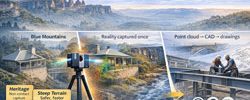 3D laser scanning workflow in the Blue Mountains showing FARO Focus capture, point cloud and CAD model for fit-first-time construction