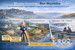 3D laser scanning workflow in the Blue Mountains showing FARO Focus capture, point cloud and CAD model for fit-first-time construction