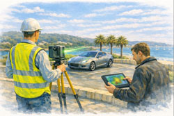 Engineer using an automotive LiDAR scanner to capture 3D vehicle geometry while a client reviews point cloud data