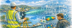 Engineer performing 3D laser scanning in Fiji with point cloud transforming into BIM model and FEA analysis beside a tropical port.