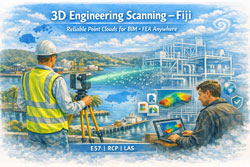 Engineer performing 3D laser scanning in Fiji with point cloud transforming into BIM model and FEA analysis beside a tropical port.