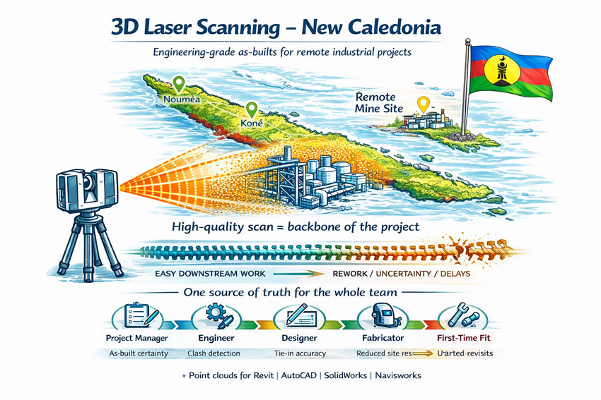 3D laser scanning New Caledonia graphic with national colours, flag on map, industrial facility and workflow from scan to first-time fit.