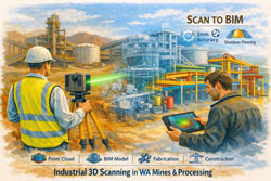 Laser scanning of WA mining infrastructure with Scan-to-BIM visualisation for industrial processing engineering.