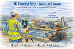 Perth Scan-to-BIM workflow with LiDAR capture converting site conditions into coordinated BIM model for construction and asset management.