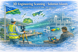 Engineer performing 3D laser scanning in the Solomon Islands with point cloud transitioning to BIM model and FEA analysis.