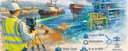 3D scanning for marine and ship repair in Perth showing laser capture of a vessel transitioning into a point cloud and BIM model.