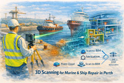 3D scanning for marine and ship repair in Perth showing laser capture of a vessel transitioning into a point cloud and BIM model.
