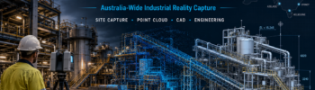 Engineering-grade 3D laser scanning of an Australian industrial facility, showing site capture, point-cloud data and CAD modelling.