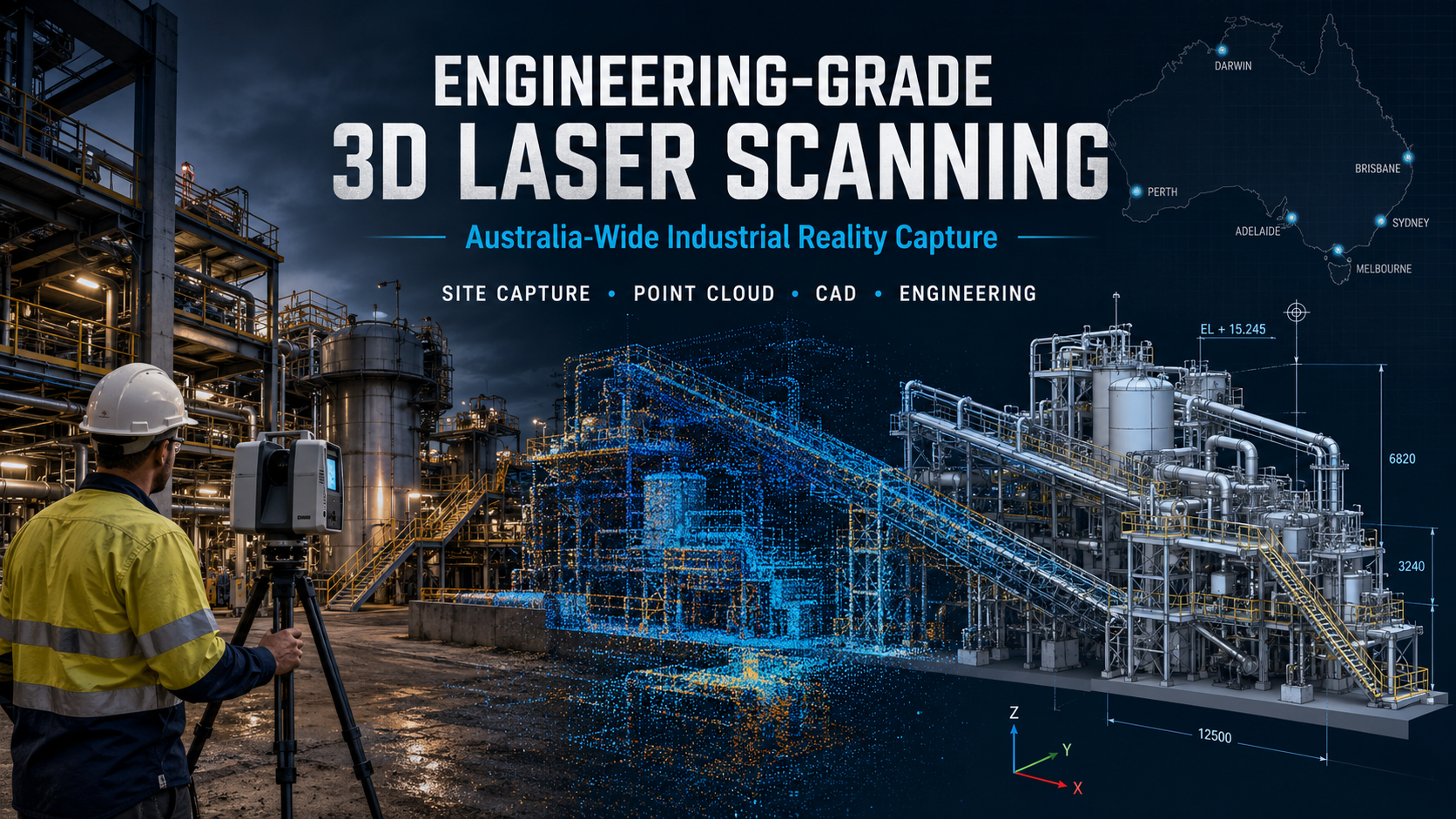 Engineering-grade 3D laser scanning of an Australian industrial facility, showing site capture, point-cloud data and CAD modelling.