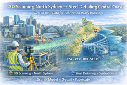 3D scanning in North Sydney transforming as-built data into Central Coast steel detailing and CAD models.