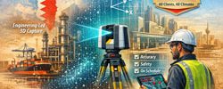 Watercolour illustration of 3D LiDAR laser scanning in Bahrain showing engineers capturing an industrial site with a scanner and tablet, styled in Bahrain flag colours with Australian quality standards message.