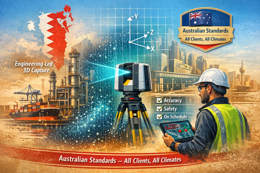 3D laser scanning services Bahrain visual showing LiDAR capture, point cloud workflow and Australian Standards compliance in watercolour engineering style.