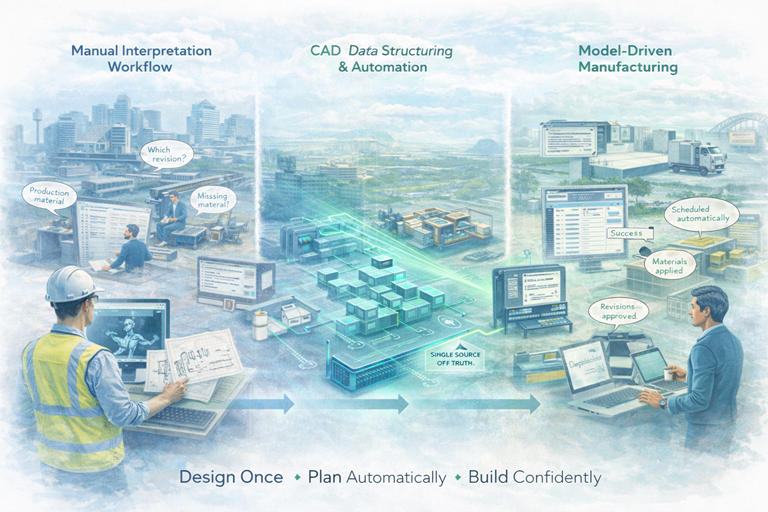 Engineering workflow transforming design drawings into live MRP production data.