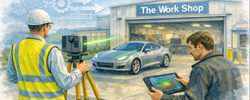 Engineer using a LiDAR scanner to capture 3D vehicle geometry while a client reviews point cloud data outside a workshop