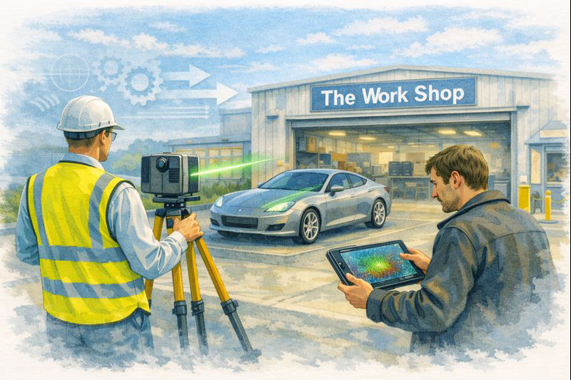 Engineer and client performing automotive 3D scanning of a vehicle outside a workshop using LiDAR technology