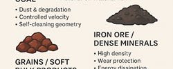 Engineering infographic explaining chute design challenges for coal, iron ore, hard rock, grains, and powders.