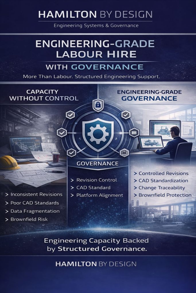 Hamilton By Design engineering governance model contrasting uncontrolled labour hire with structured engineering oversight.