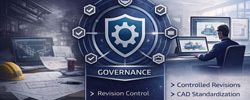Engineering-grade labour hire with governance infographic showing structured CAD control and revision management.