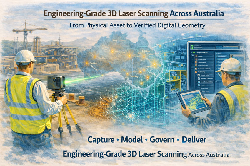 Engineering-grade 3D laser scanning workflow from site capture to CAD modelling across Australia.