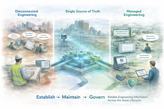 Infographic showing engineering workflow evolving from disconnected drawings to governed digital asset management.