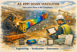 Engineer verifying lifting beam design under AS 4991 with FEA stress analysis overlay in fabrication workshop.