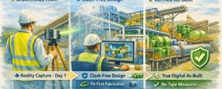 Watercolour-style illustration showing SMP 3D laser scanning workflow from start capture to clash-free design and final digital as-built.