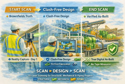 Watercolour-style illustration showing SMP 3D laser scanning workflow from start capture to clash-free design and final digital as-built.