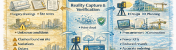 3D scanning reality capture workflow converting legacy drawings into a verified site model for construction planning.