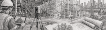 Grey pencil drawing of 3D laser scanning in Brisbane showing an engineer, LiDAR scanner, point cloud data, industrial plant, CAD model workflow and fabrication drawings.