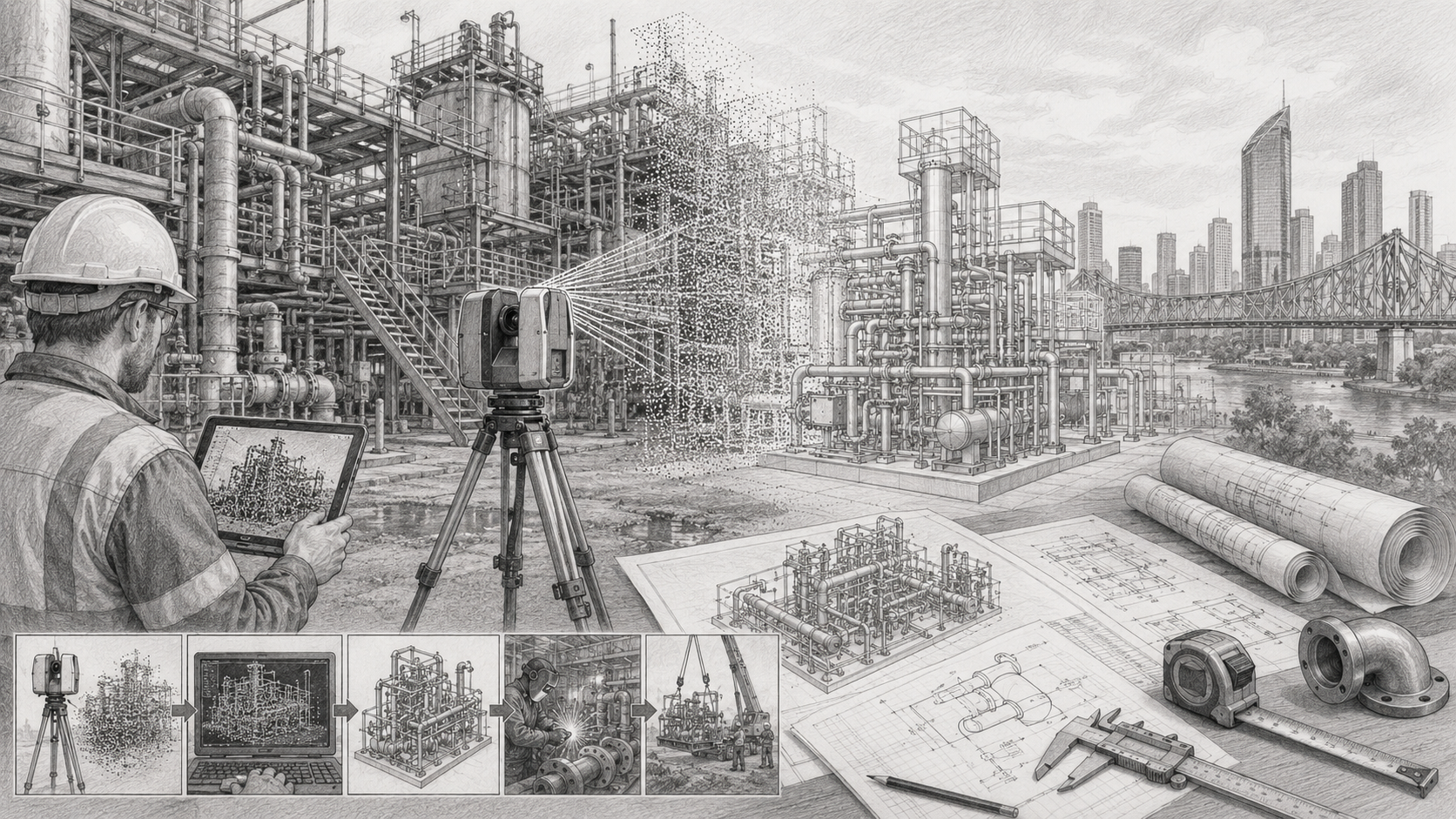Grey pencil drawing of 3D laser scanning in Brisbane showing an engineer, LiDAR scanner, point cloud data, industrial plant, CAD model workflow and fabrication drawings.