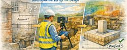 Watercolour-style illustration showing an engineer using a laser scanner to verify existing foundations before design, moving from “assumed” to “verified”.