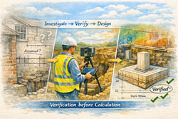 Watercolour-style illustration showing an engineer using a laser scanner to verify existing foundations before design, moving from “assumed” to “verified”.
