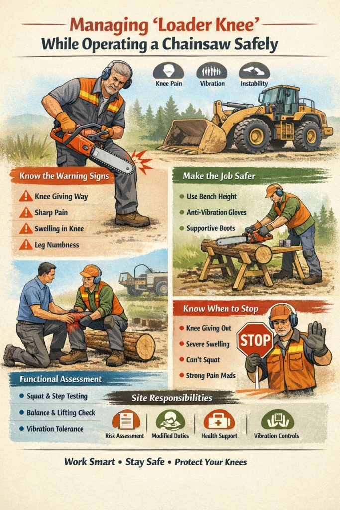 Infographic showing how to manage loader knee while operating a chainsaw safely with warnings, safe work methods and functional assessment steps.