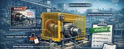 Industrial fixed plant machine guard with interlocked yellow mesh enclosure and engineering verification checklist.
