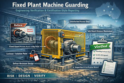 Industrial fixed plant machine guard with interlocked yellow mesh enclosure and engineering verification checklist.