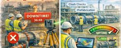 CHPP wash plant illustration comparing shutdown rework with LiDAR scanning and prefabrication success.