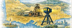 Mobile 3D LiDAR scanning concept across Victoria featuring Ballarat mine, Mount Dandenong towers, city landmarks and tram within a state road map.