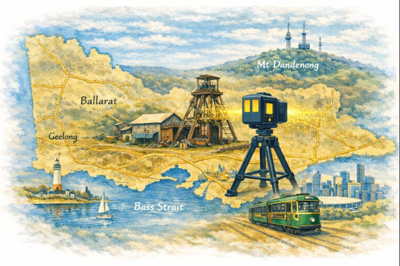 LiDAR scanner capturing a Ballarat mine structure on an illustrated map of Victoria showing major roads, Mount Dandenong TV towers, the MCG and a Melbourne tram.